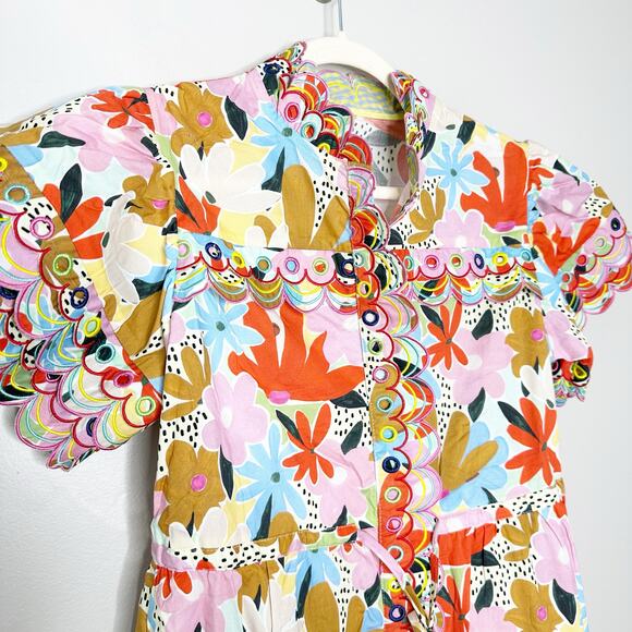 CELIA B Freya Dress Multi Floral Scalloped Edge Midi Shirt Dress Med NEW - Picture 5 of 9